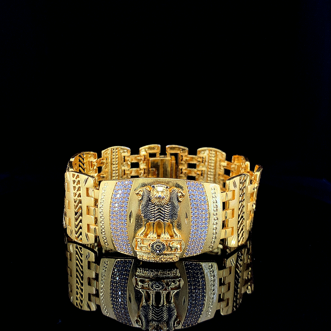 Men's Gold Plated State Emblem of India Statement Bracelet with Cubic Zirconia Accents