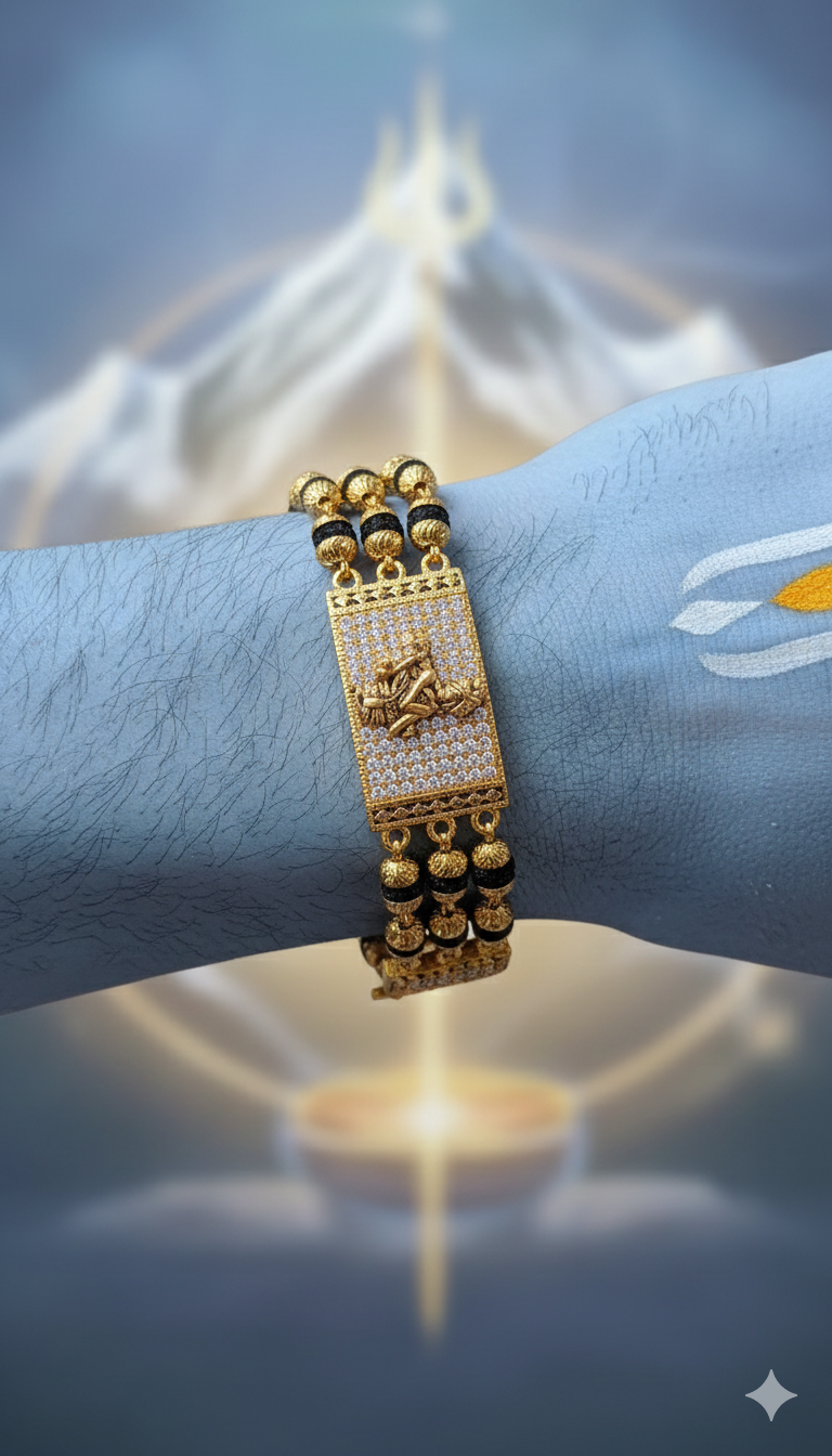 Lord Krishna Divine Flute Rudraksha Bracelet in Gold and Pavé Crystals