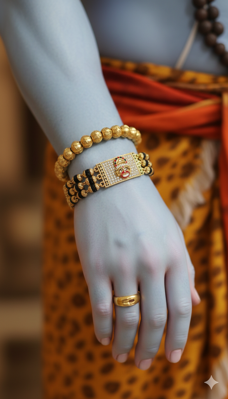 Divine Guardian: Hanuman Gold Relief & Pavé Rudraksha Bracelet