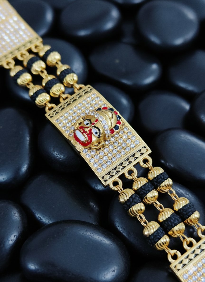 Divine Guardian: Hanuman Gold Relief & Pavé Rudraksha Bracelet