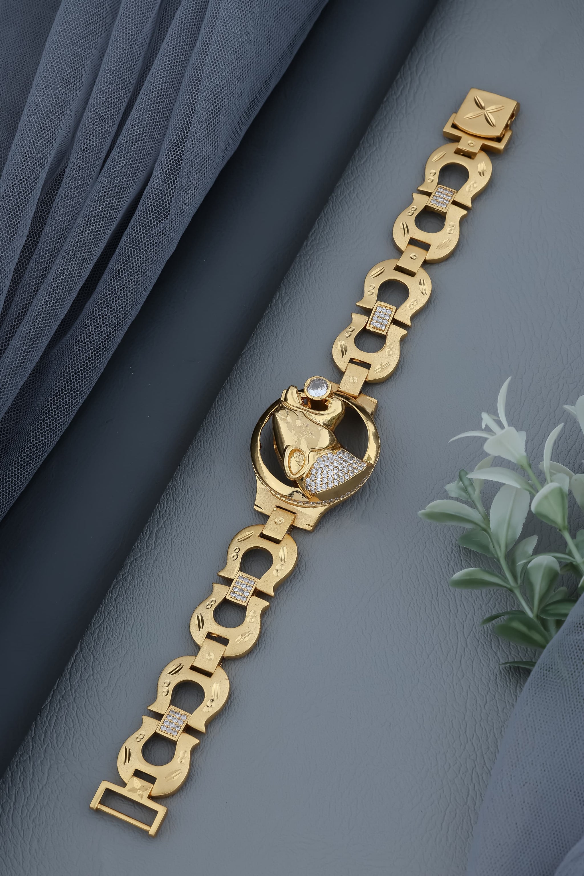 Gold-Plated Jaguar Link Bracelet with Cubic Zirconia Accents