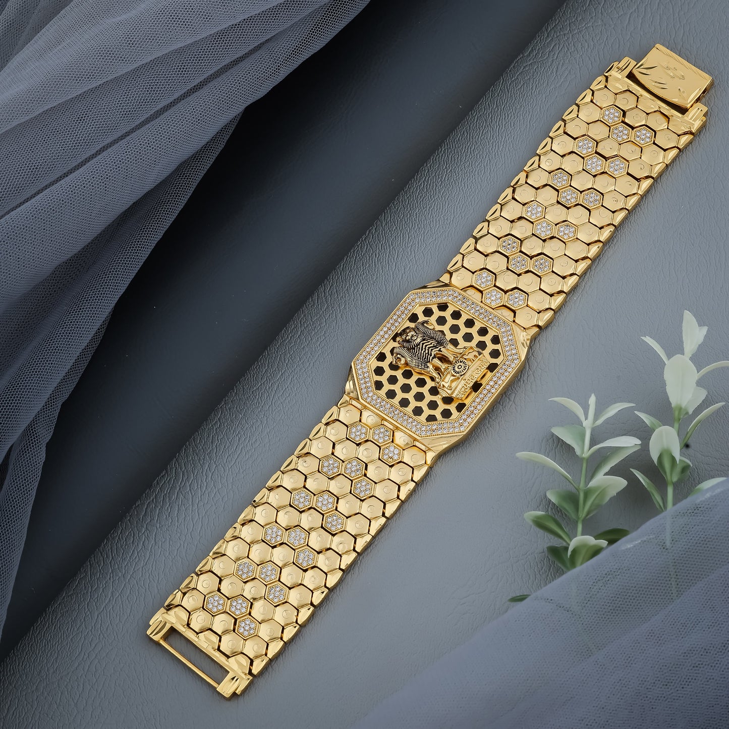 Majestic Lion Capital Hexagonal Gold-Finish Kada Bracelet