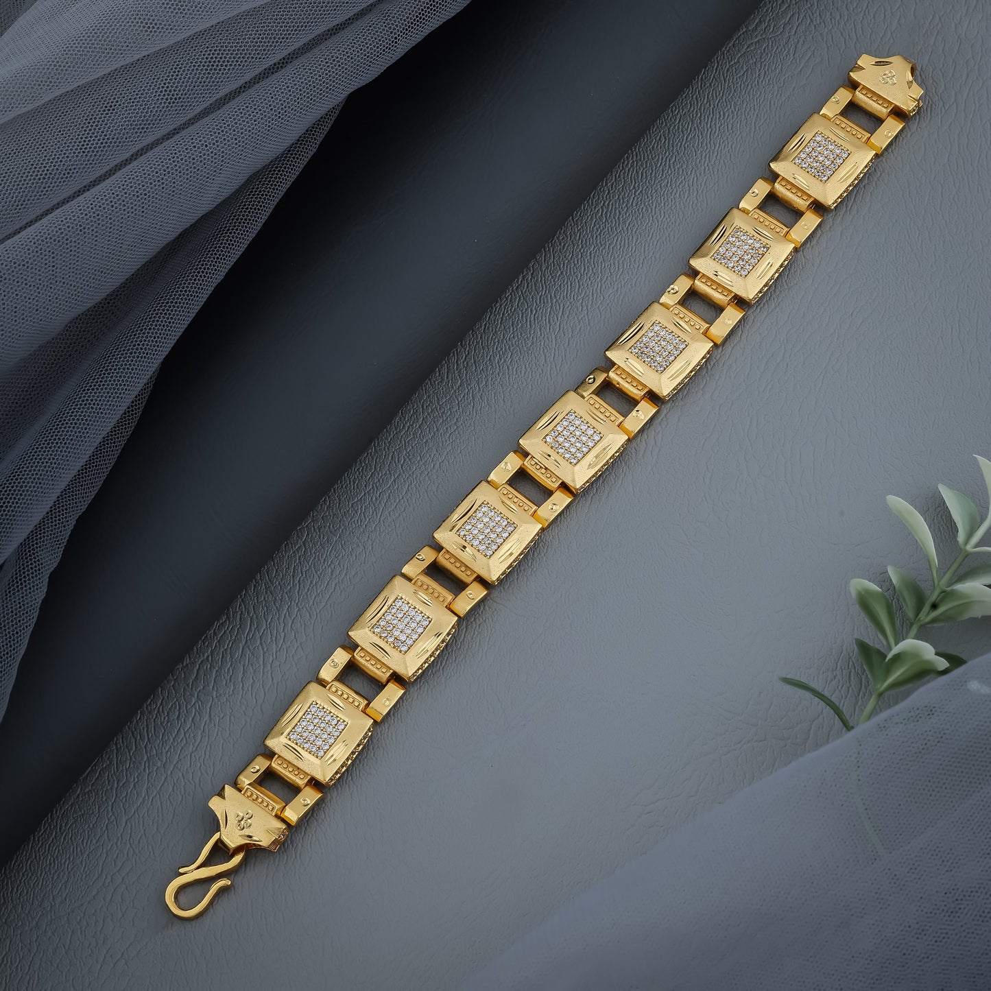 Men’s Royal Square-Link Gold Bracelet - Crystal Studded Luxury