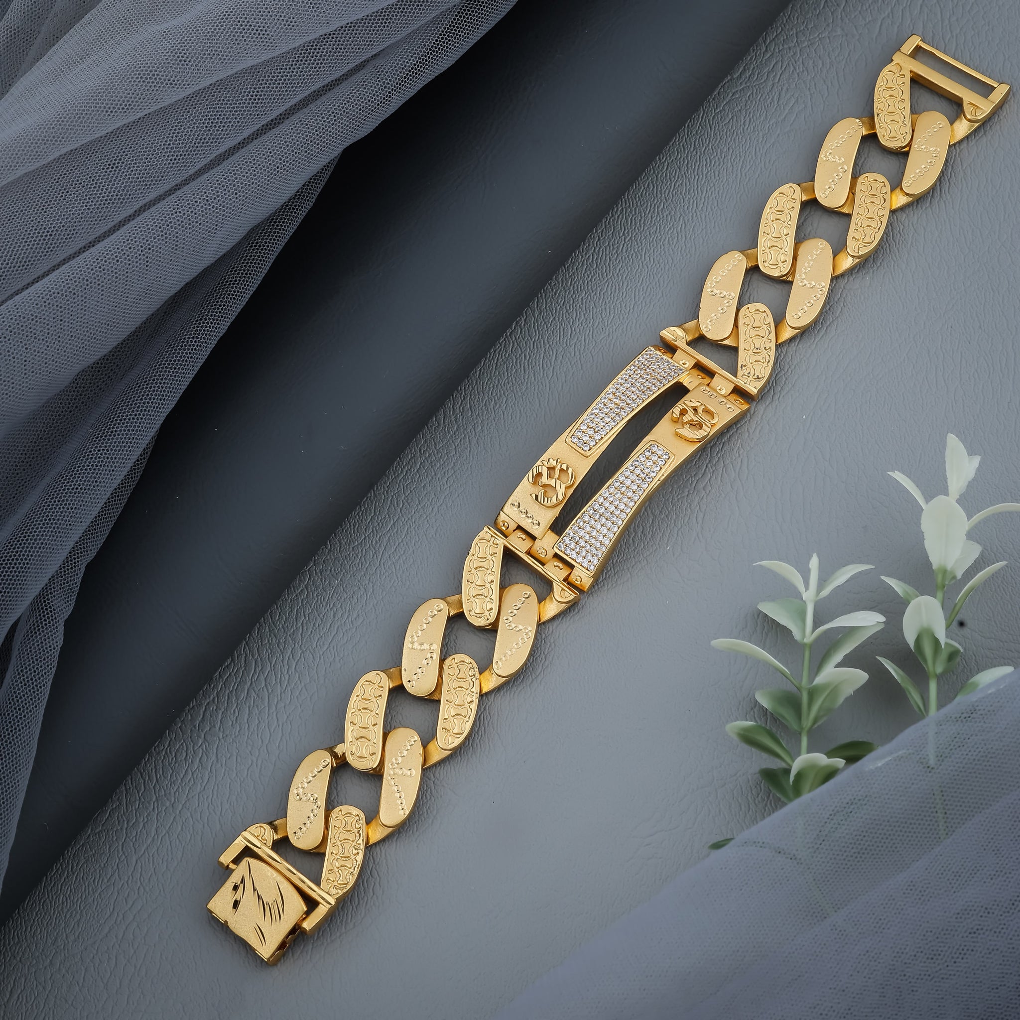 Men's Gold-Plated Spiritual Om Curb Link Bracelet with Crystal Accents