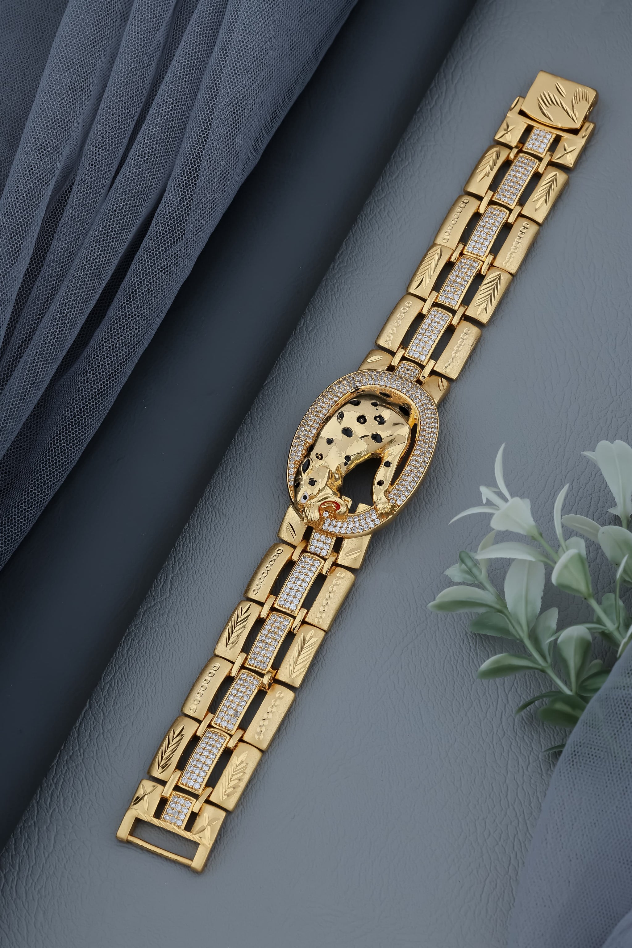 Men's Gold-Plated Jaguar Statement Bracelet with Stone Embellishments