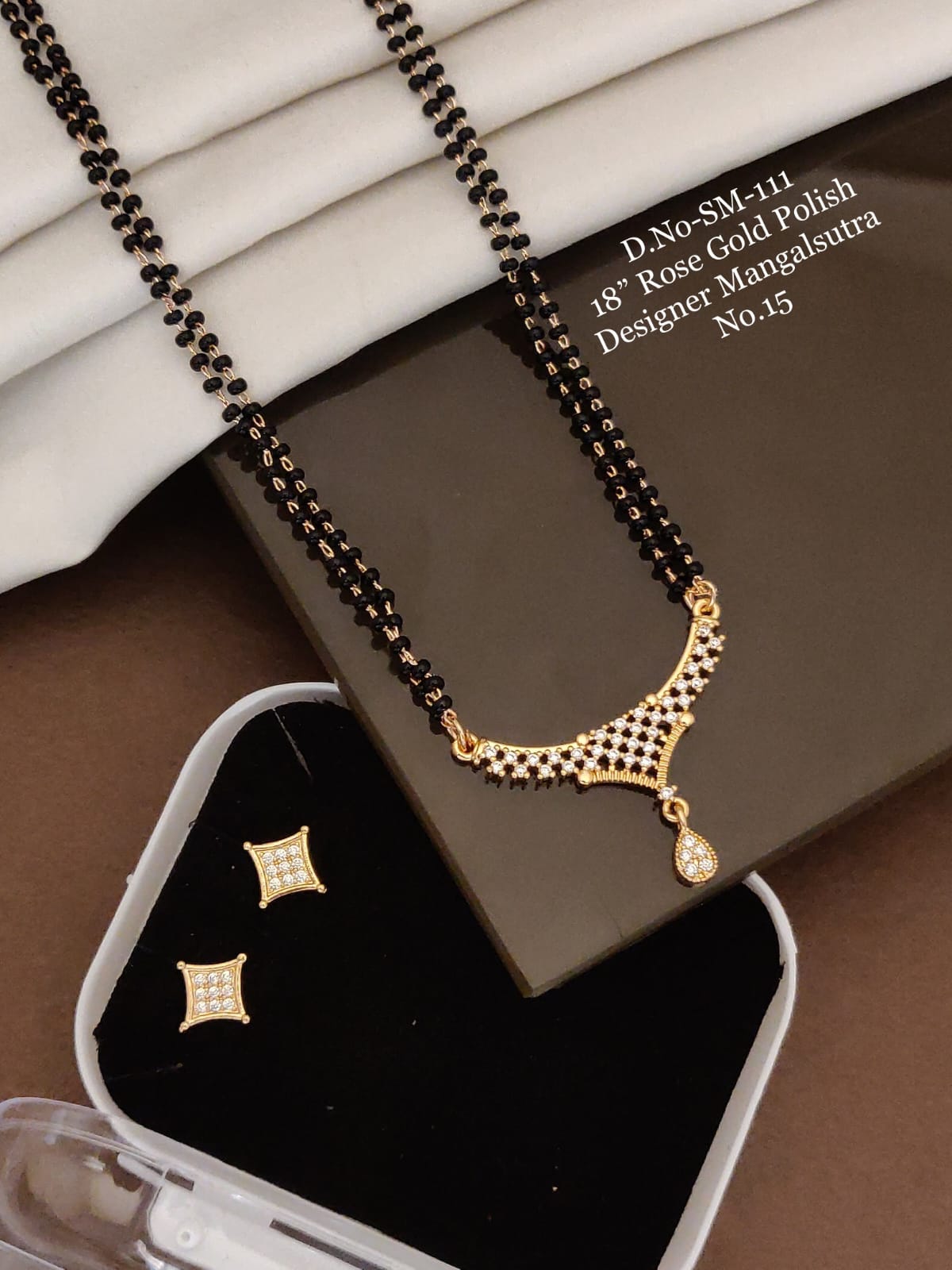 Designer Rose Gold Polish Mangalsutra with CZ Stone Pendant & Earrings