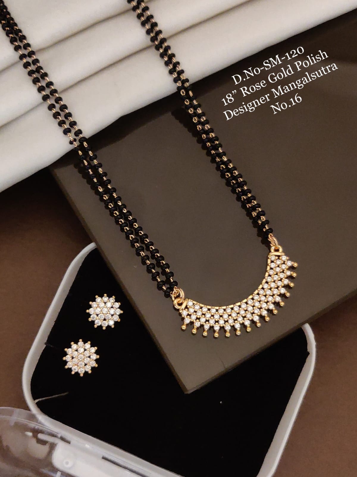 Rose Gold Polish Mangalsutra with Sunburst Stone Pendant & Floral Studs