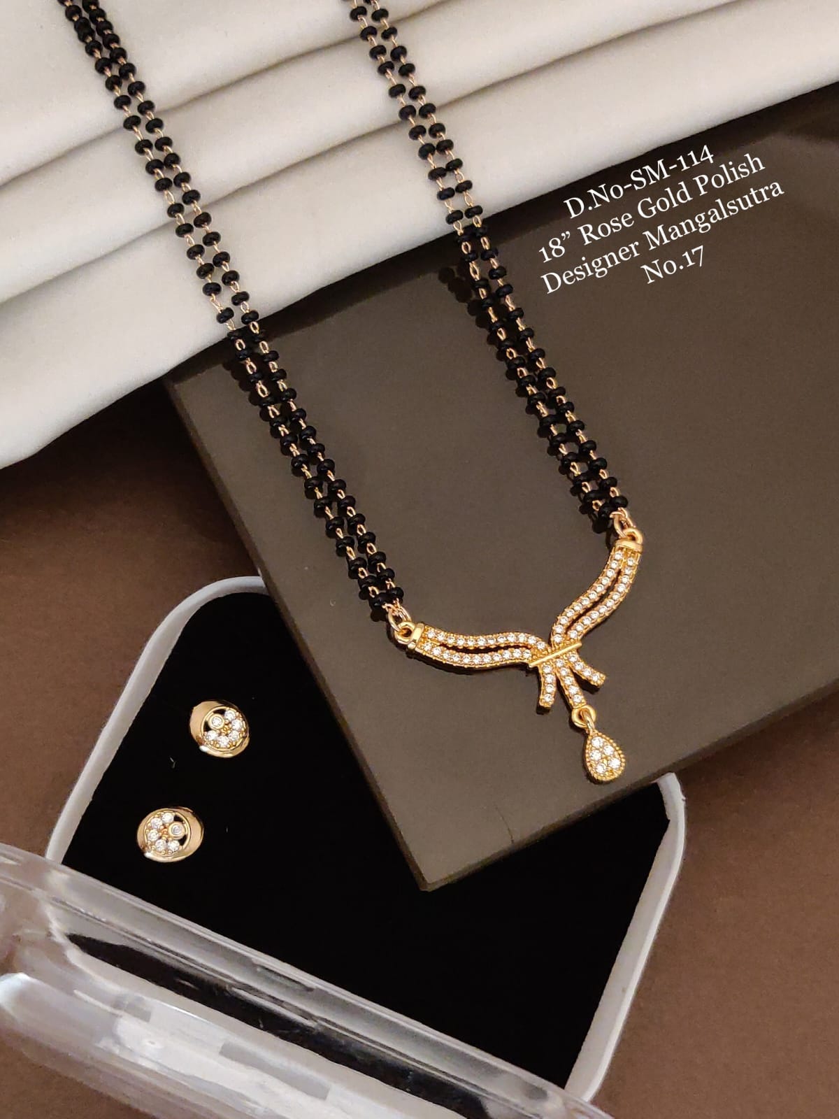 Rose Gold Polished Mangalsutra with Bow-Style Stone Pendant & Teardrop Dangle