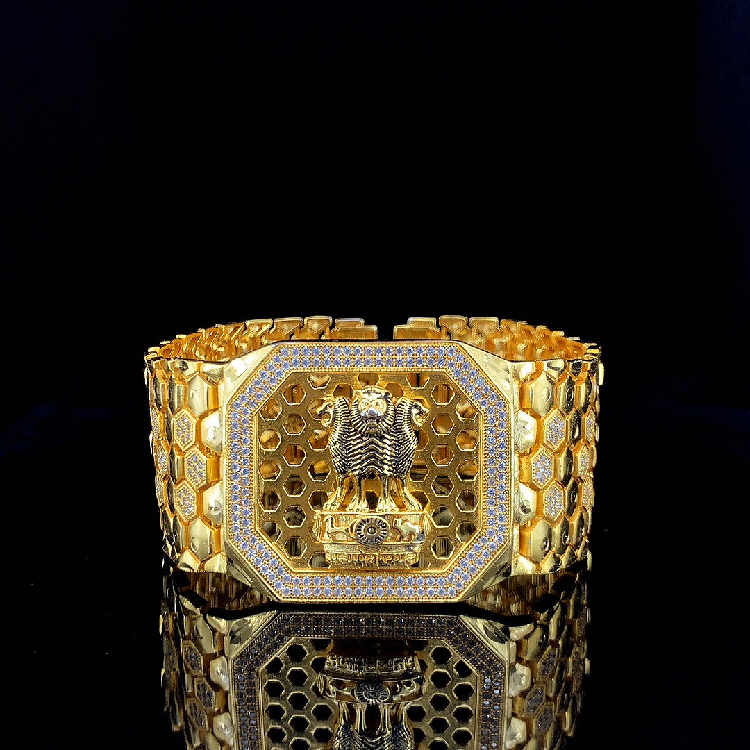 Majestic Lion Capital Hexagonal Gold-Finish Kada Bracelet