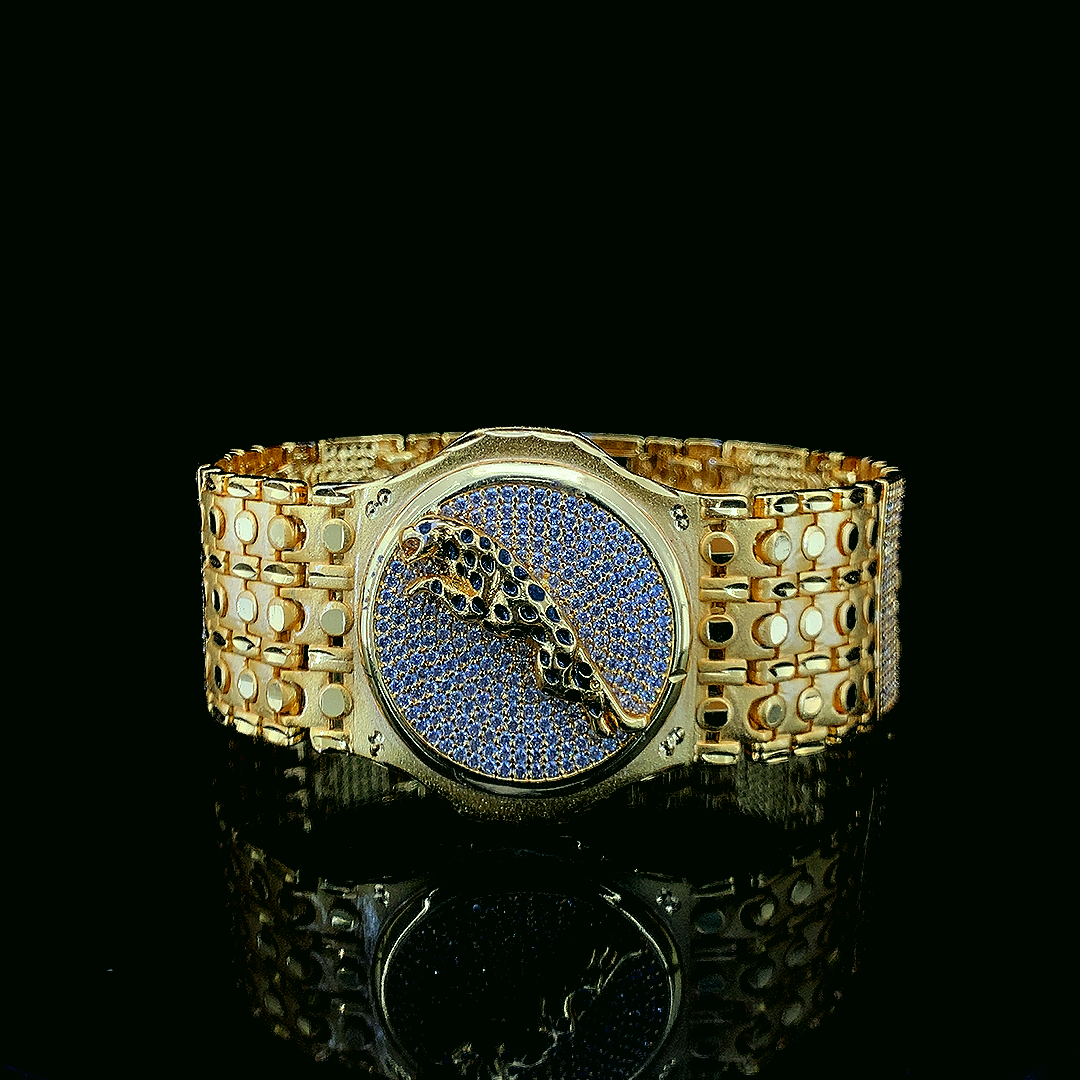Alternative: Bold Gold-Tone Jaguar Motif Iced-Out Watch with Pave-Set Crystals