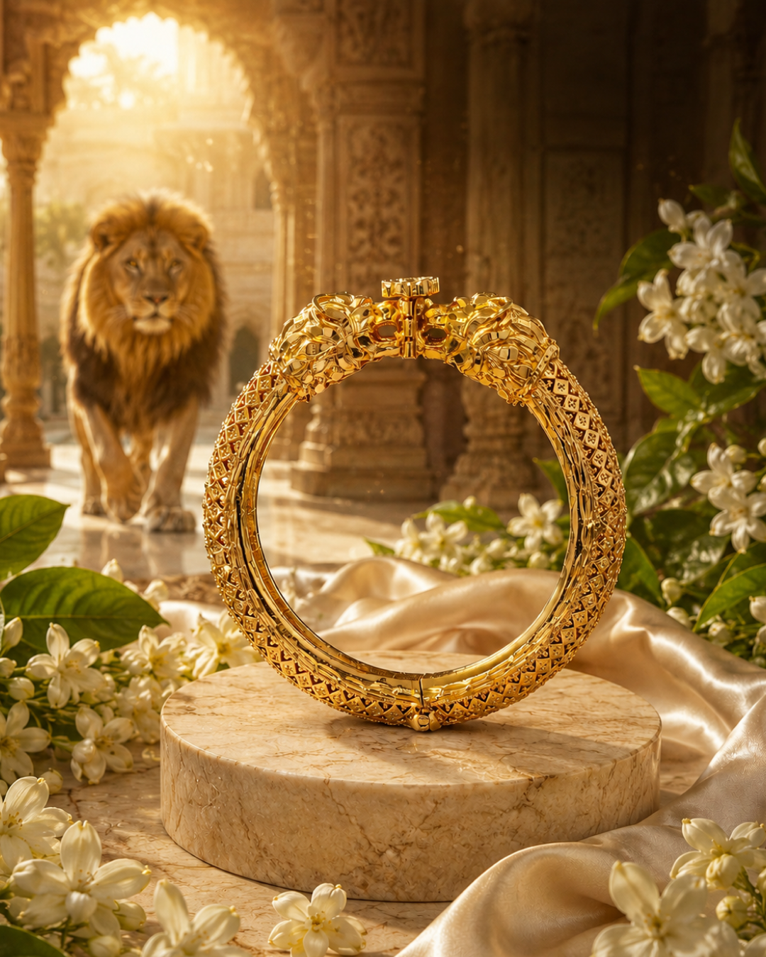 Majestic Simha: Antique Gold Lion-Head Statement Kada
