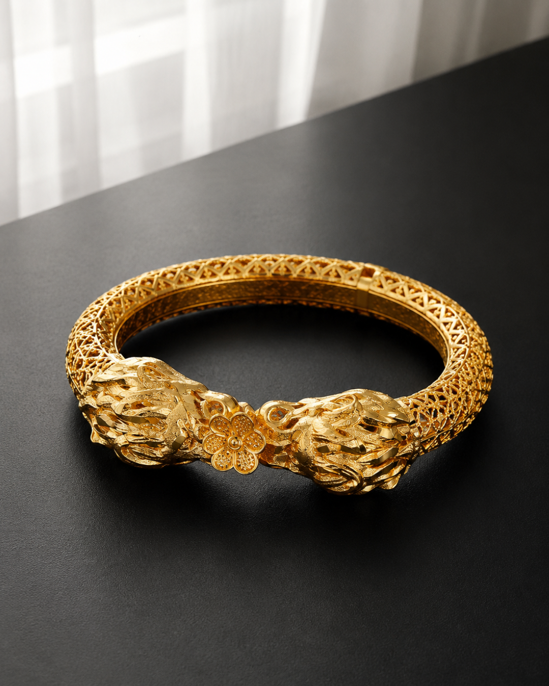 Majestic Simha: Antique Gold Lion-Head Statement Kada